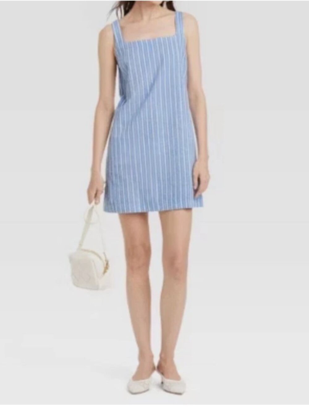 A New Day Blue & White Striped Sleeveless Shift Dress Size Large Cotton Linen